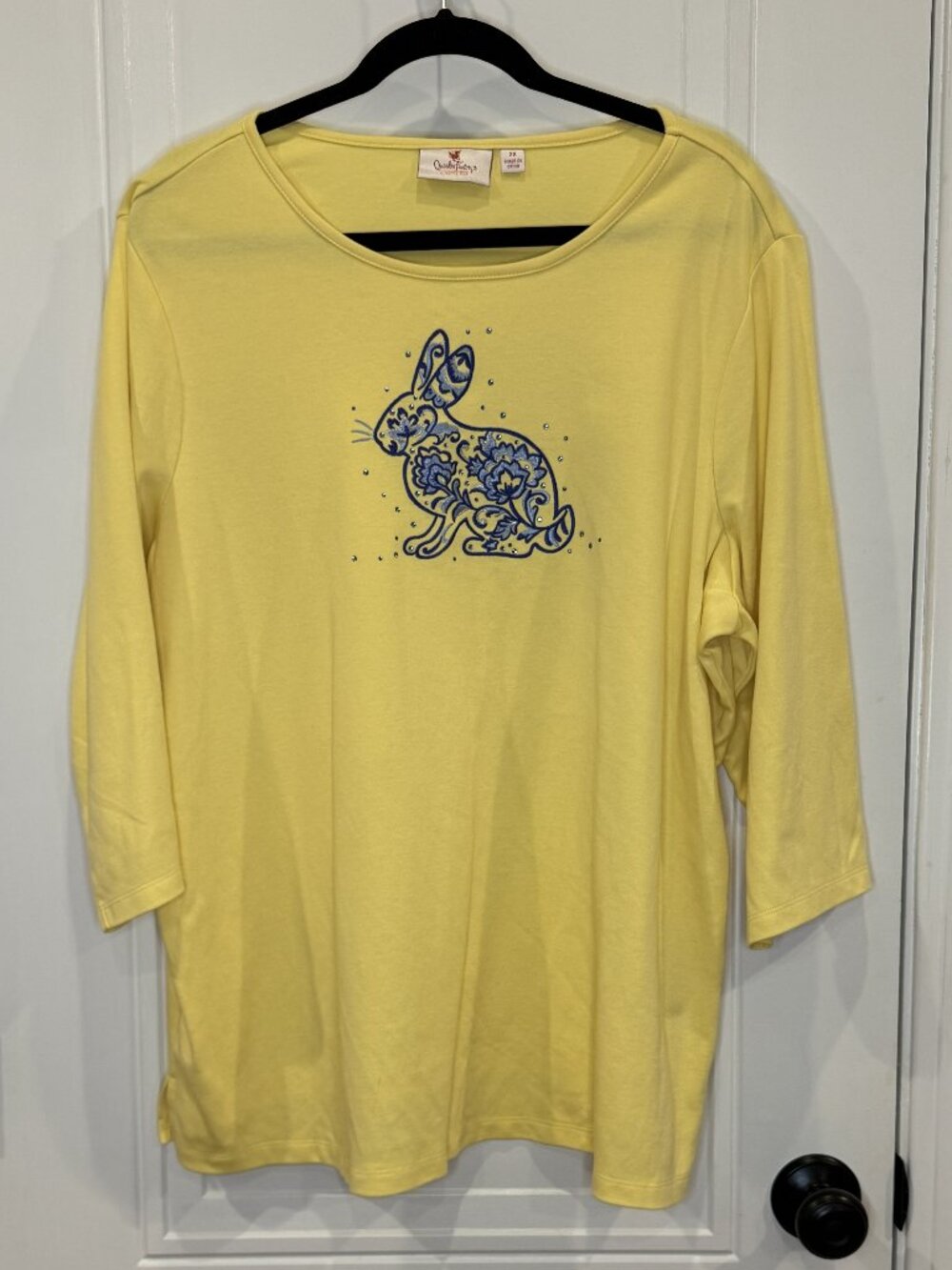 Quacker Factory Bunny Top Yellow 3/4 Length Sleeve Cotton Blend T-Shirt EUC